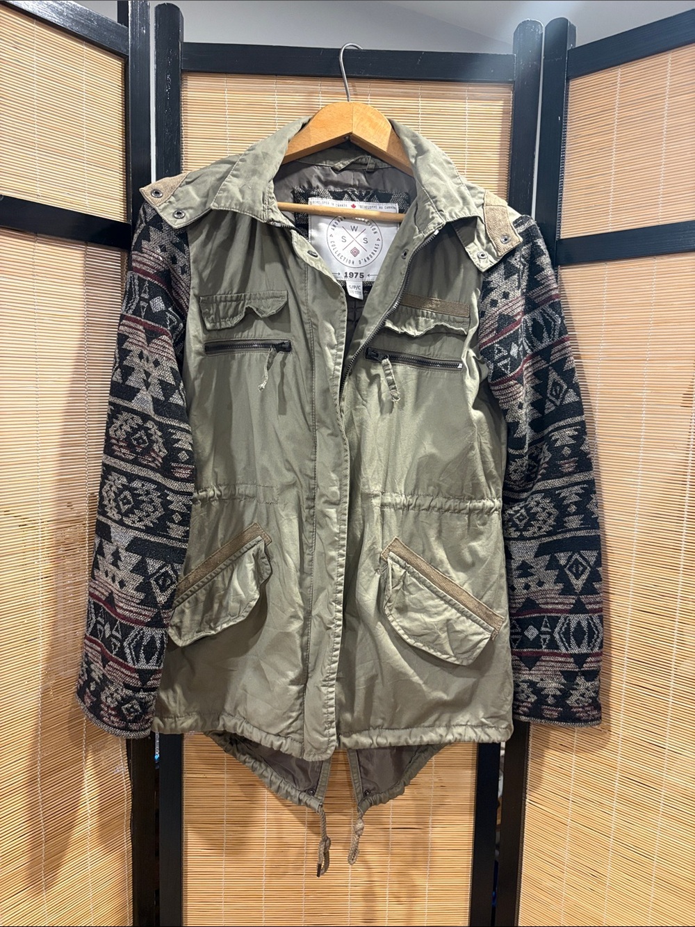 Utility Jacket with Patterned Knit Sleeves - Olive Green